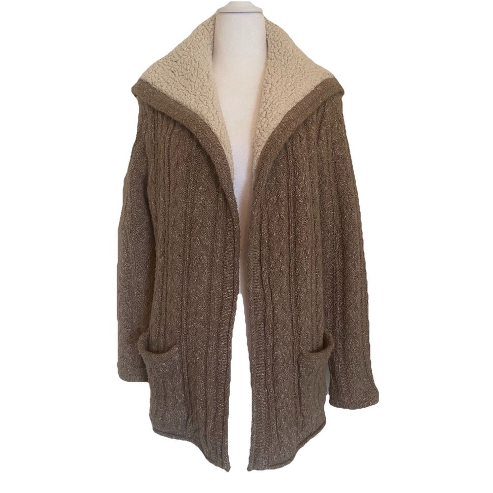 Forever 21 Cardigan Sweater Jacket Small Beige Cable Knit Sherpa Lined Y2K